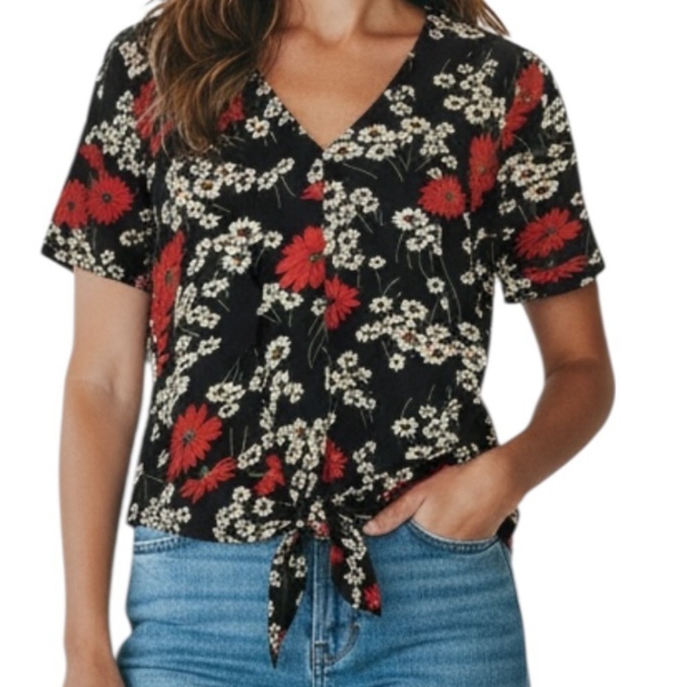 NWT MADEWELL Dark Navy Floral Short Sleeve Tie Front V-Neck Blouse Size Small